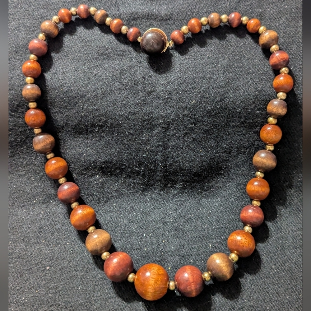 Vintage Gold Tone Brown Wooden Beaded Chunky Statement Necklace